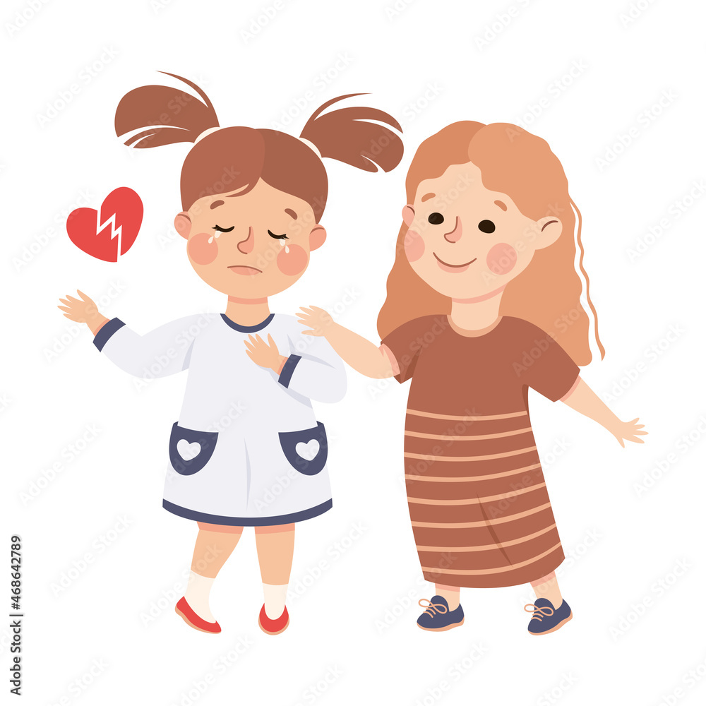 Little Girl Supporting and Comforting Sad Friend with Broken Heart Feeling Empathy and Compassion Vector Illustration Little Girl Supporting and Comforting Sad Friend with Broken Heart Feeling Empathy and Compassion Vector Illustration