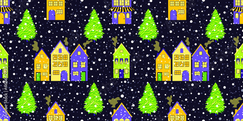 Winter cityscape concept with multicolored multistorey buildings on dark purple background. Seamless Christmas pattern for trendy textile products and paper stationery. Vector.