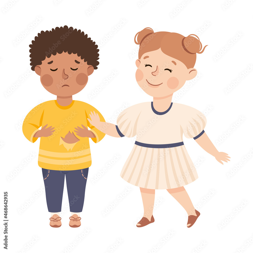 Little Girl Supporting and Comforting Sad Boy with Ripped Sweater Feeling Empathy and Compassion Vector Illustration Little Girl Supporting and Comforting Sad Boy with Ripped Sweater Feeling Empathy and Compassion Vector Illustration