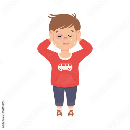 Little Boy with Black Eye Crying Out Loud Feeling Unhappy Vector Illustration