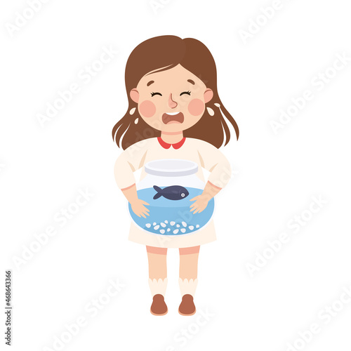 Little Girl with Dead Fish in Bowl Crying Out Loud Feeling Unhappy Vector Illustration