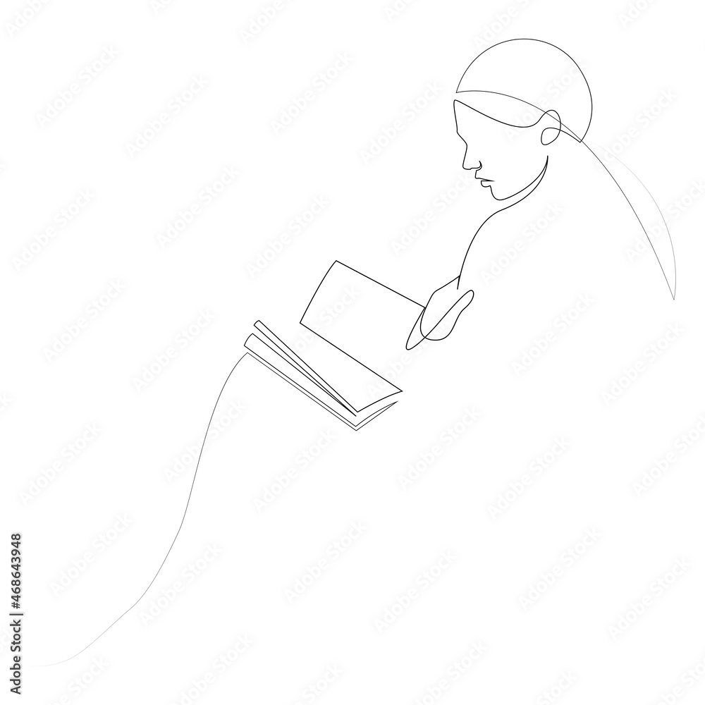 Obraz premium Continuous line drawing of woman reading book. Abstract one line girl relaxing with a book. Passion for reading concept. Vector illustration