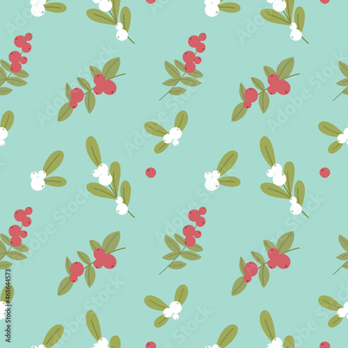 Seamless botanical pattern with mistletoe leaves and berries for wrapping paper, banners, print, collage and holiday backdrops decoration. Vector illustration.