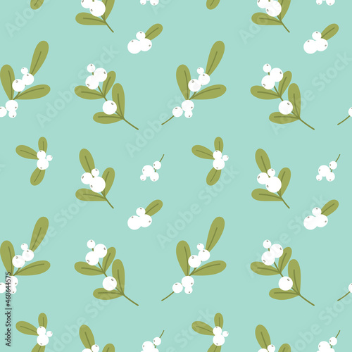 Seamless botanical pattern with mistletoe leaves and berries for wrapping paper, banners, print, collage and holiday backdrops decoration. Vector illustration.