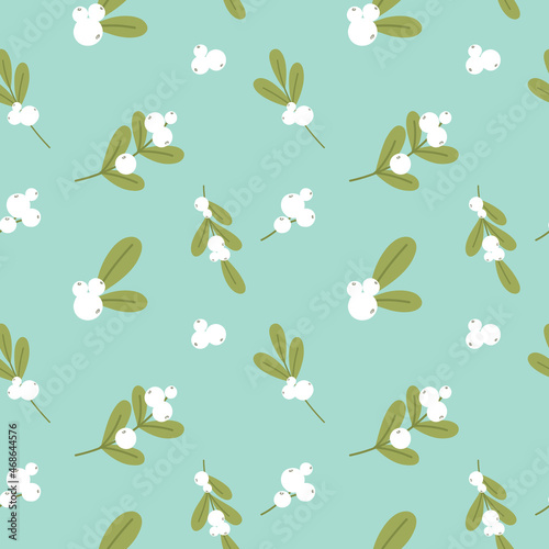 Seamless botanical pattern with mistletoe leaves and berries for wrapping paper, banners, print, collage and holiday backdrops decoration. Vector illustration.