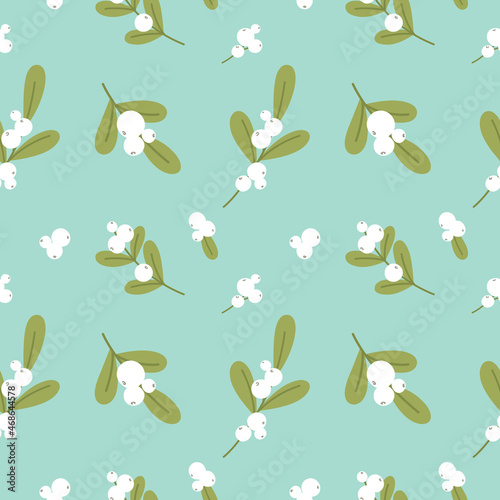 Seamless botanical pattern with mistletoe leaves and berries for wrapping paper, banners, print, collage and holiday backdrops decoration. Vector illustration.