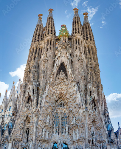 Facade of unfinished sacred family "La Sagrada Familia" , cathedral designed by Gaudi, being built since 19 March 1882 with people donations. The text "Sanctus" in the facade means saint