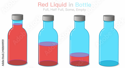 Full, half full, empty, some, nearly red liquid in glass bottle. Very few stages, steps set. Glossy, transparent bottles with caps. milk wine, chemistry, syrup flasks collection. Illustration vector