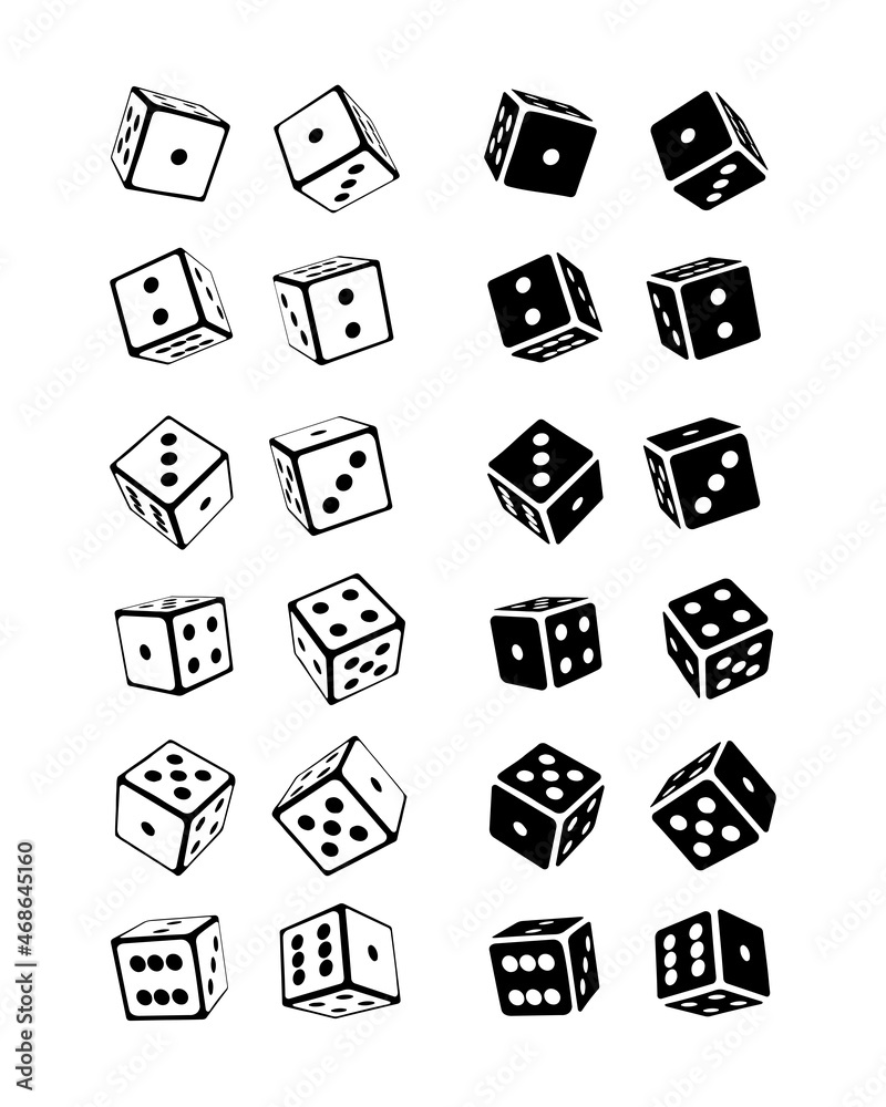 A set of dice in different angles. Black and white icons of dice.