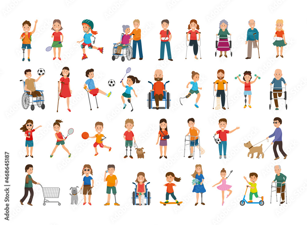 Set of people with disabilities. Characters in wheelchairs, on crutches, with prosthetic arms and legs.