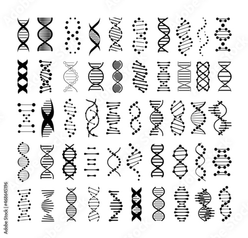 Collection of monochrome DNA icons. Black and white DNA spirals in a linear style.