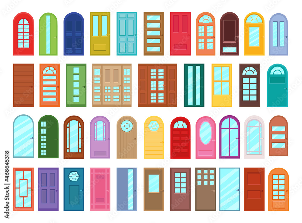 Vector collection of colorful doors in flat style. Objects for creating an interior.