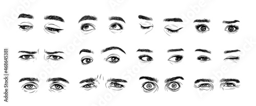 Set of human eyes in art inc style. Sketches of the eyes of a woman and a man with different emotions. Black and white pencil drawing.