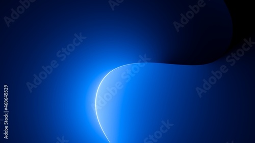 3d render, abstract minimal neon background with glowing wavy line. Dark wall illuminated with led lamps. Blue futuristic wallpaper