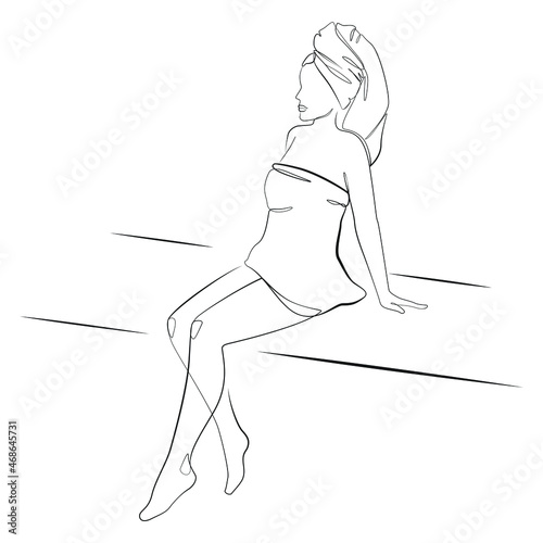 Woman with a towel on her head after a shower or during a spa procedure line art on white isolated background, sits on a bench in a sauna or hammam. Vector illustration