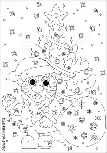 Coloring book for children. Cute tiger in a Santa Claus costume with a bag of gifts near the Christmas tree. Flat vector illustration for children s books and magazines