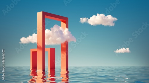 Quadro su tela 3d render, surreal seascape with white clouds going into the red square portals