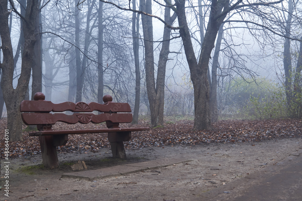 An empty bench in an autumn city park in a mornig thick fog