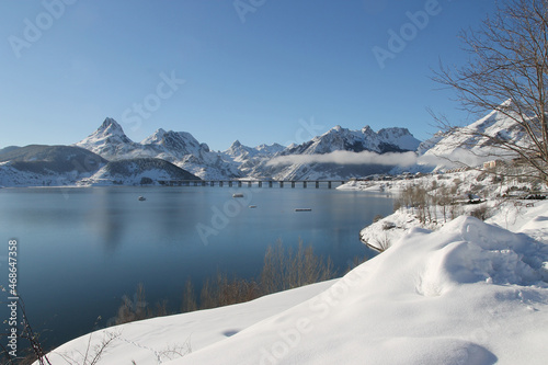 A winter view of the town and reservoir of Riaño, province of León (Spain)