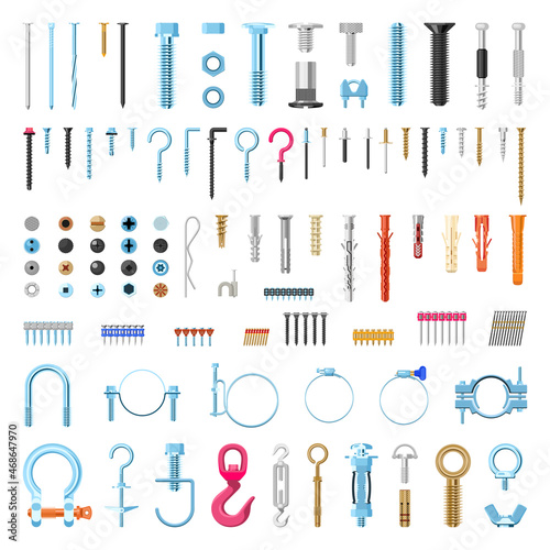 Vector collection of detailed fasteners and screws. Details for repair and construction isolated on a white background. photo