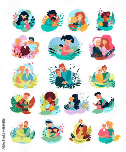 Set of illustrations with people hugging each other.