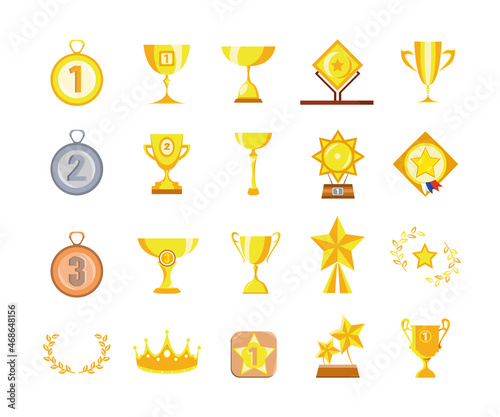Vector set of cups and medals. Objects for awarding prizewinners of contests and competitions.
