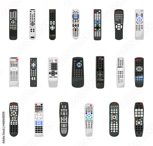 Vector collection of remotes for TVs and other media devices. Realistic detailed illustrations.