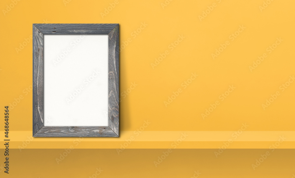 Wooden picture frame leaning on a yellow shelf. 3d illustration. Horizontal banner Wooden picture frame leaning on a yellow shelf. 3d illustration. Horizontal banner