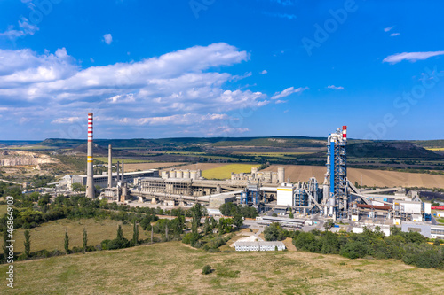 Aerial view from drone of cement factory.  The industrial landscape of cement factory