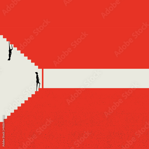 The girl walks up the stairs to the closed door. finding a way to solve the problem help, business concept in minimalist style, symbol of opportunity, leadership. Vector