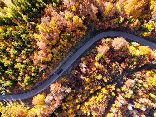 Car driving on a mountain road somewhere in French Alps, surrounded by trees with multicolored autumn leaves, drone view. © ThomasLENNE