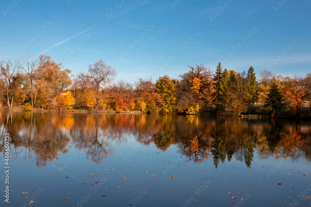 Colorful autumn trees against a blue sky reflecting in the water of the pond Colorful autumn trees against a blue sky reflecting in the water of the pond