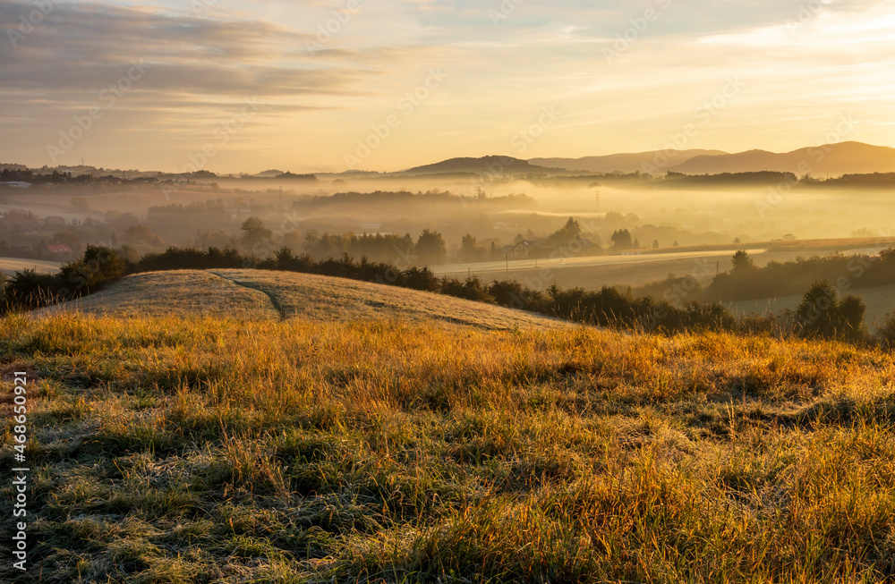 Misty sunrise on the meadow and the first frost