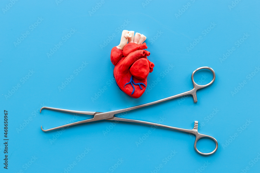 Heart surgery concept with surgical instruments and heart model made of plastiline Heart surgery concept with surgical instruments and heart model made of plastiline