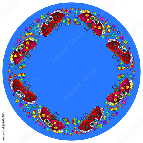 Design ornament for round product, bright flowers and ladybugs in the style of stained glass on a blue background