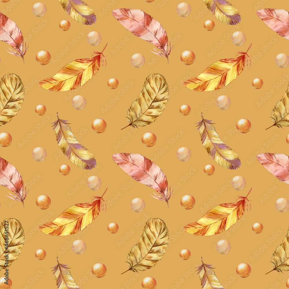 Light beige yellow feathers with pearls on an orange background, watercolor , seamless pattern, banner