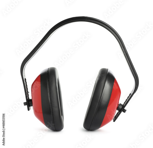 Protective headphones isolated on white. Safety equipment