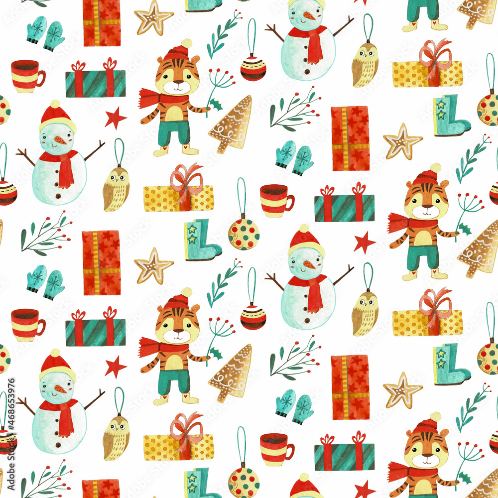 Christmas watercolor pattern with cute snowmen and gifts.