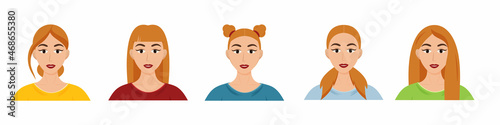 Different types of women's hairstyles. Set of beautiful young girls with different hairstyles. Vector cartoon style