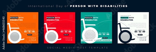 Set of social media post template with wheelchair and multi colored design. International day of person with disabilities template design.