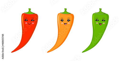 Set of three colorful chili or jalapeno peppers: red, orange and green. Kawaii cartoon character. Cute peppers