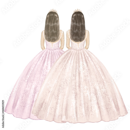 Two girls twins in ball gowns celebrate their 15 birthday. Hand drawn illustration