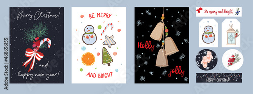 Set of Christmas and New Year cards or invitations. A set of stickers and tags for gifts.