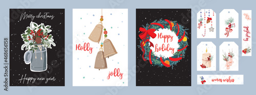 Set of Christmas and New Year cards or invitations. A set of stickers and tags for gifts. Christmas bouquets and compositions. Festive mood