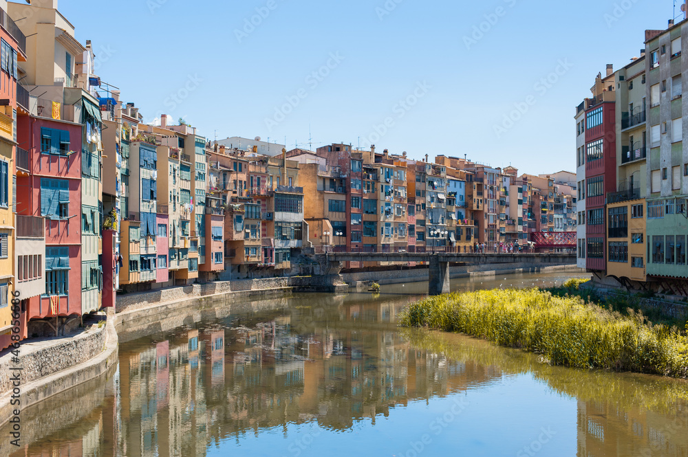View of the river and coloured houses in Girona