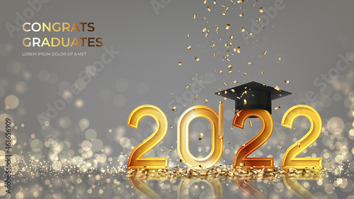 Banner for design of graduation 2022. Golden numbers with graduation cap and confetti on background with effect bokeh. Congratulations graduates 2022. Vector illustration for degree ceremony design.