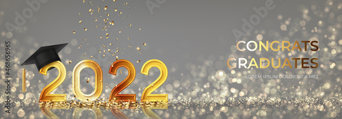Banner for design of graduation 2022. Golden numbers with graduation cap and confetti on background with effect bokeh. Congratulations graduates 2022. Vector illustration for degree ceremony design.