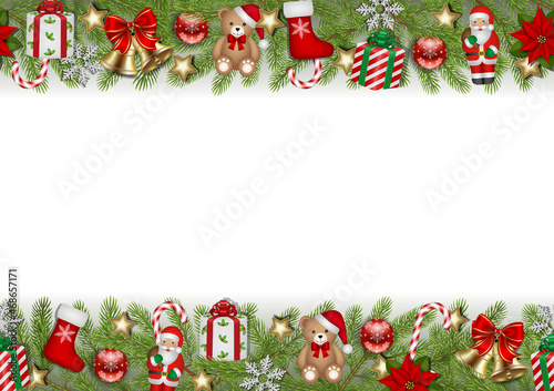 Seamless christmas border with pine branches, toys, gift boxes and decorations