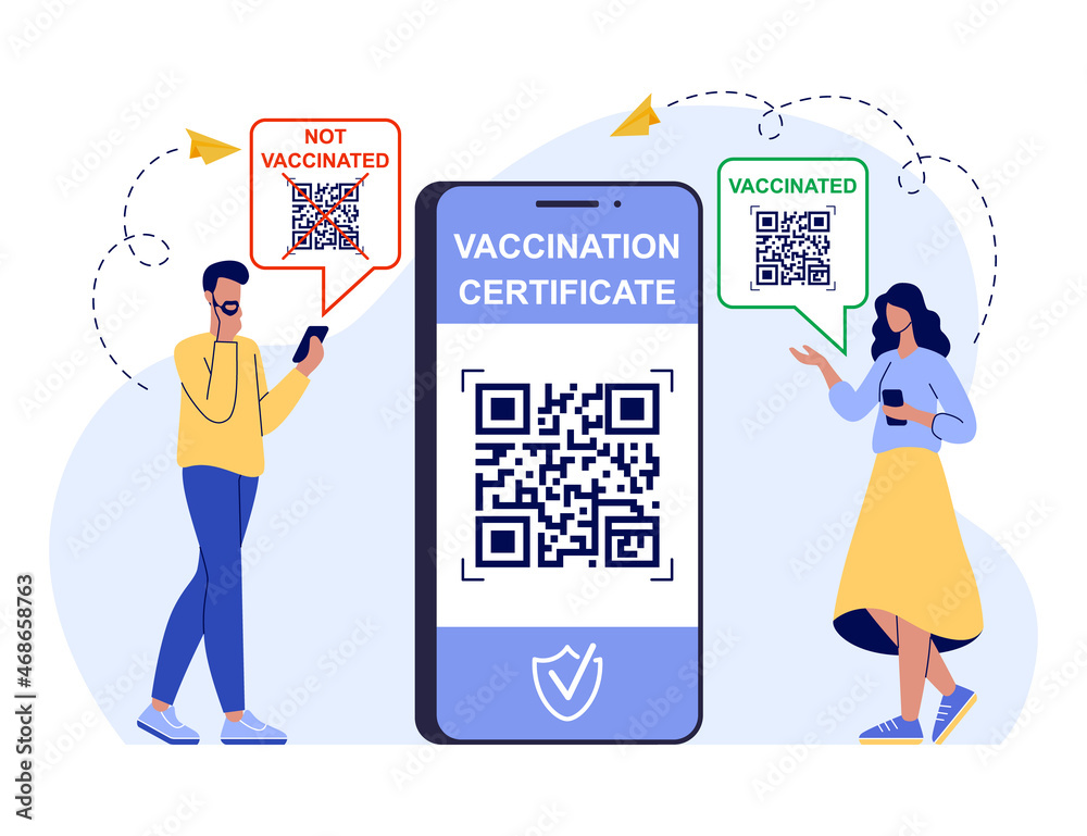 Certificate of vaccination vector flat illustration. Men and woman