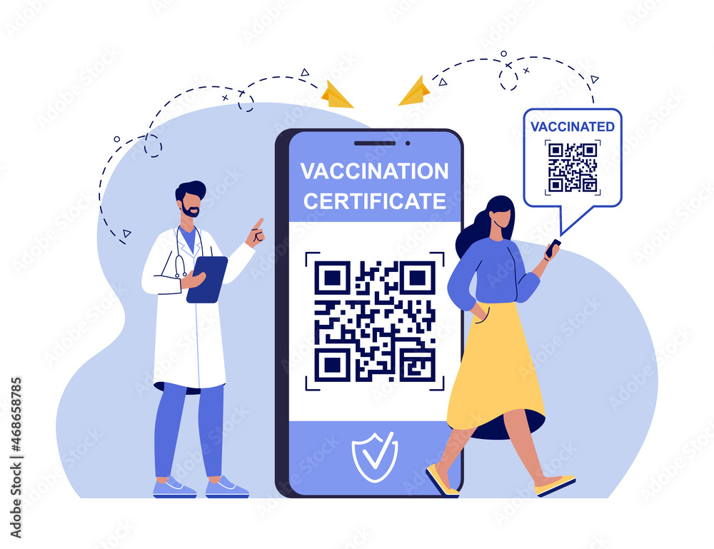 Woman was vaccinated. Girl using health passport of vaccination for covid-19. Concept of vaccination certificate, coronavirus vaccine, covid-19 id card app. Vector flat illustration for web design